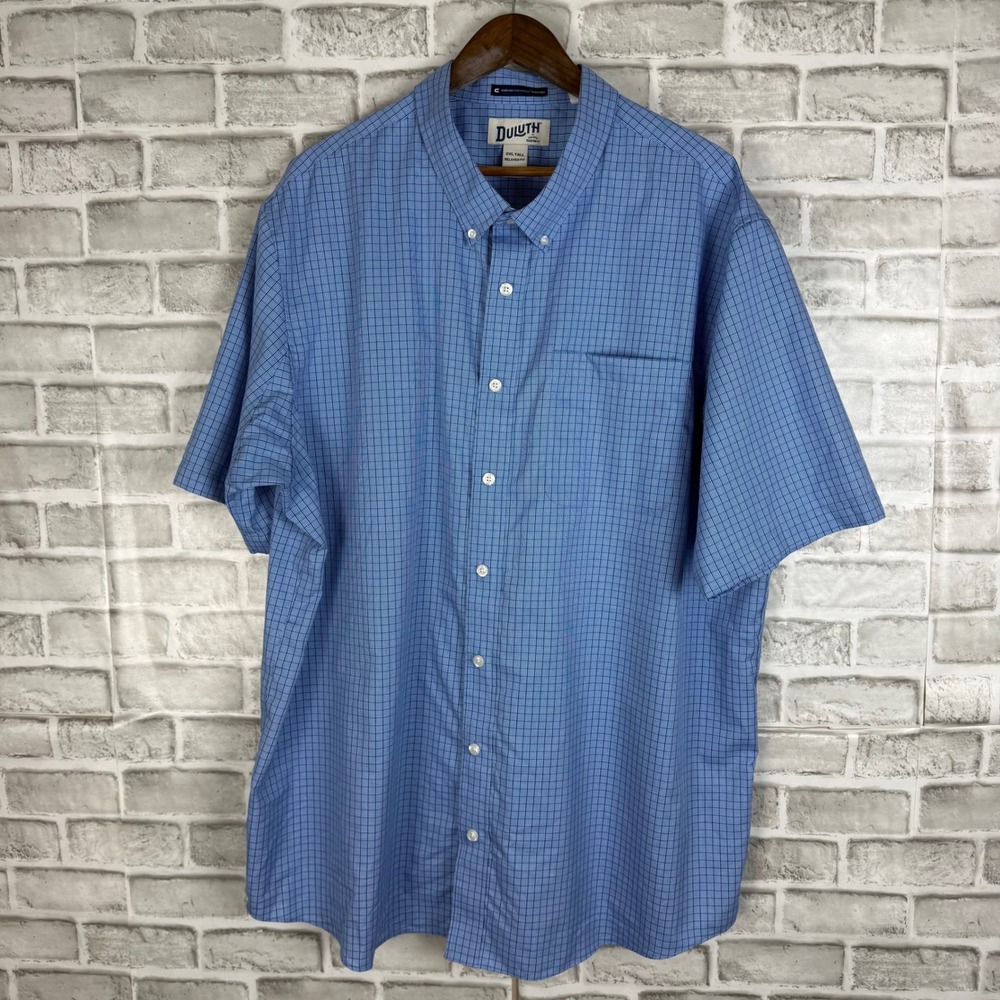 Duluth Trading Co Mens 2XL Tall Blue Check MagnaReady Relaxed Fit Cotton Shirt